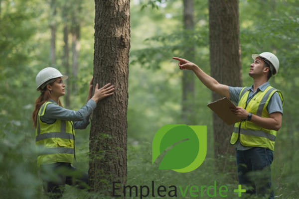 Fondo de bosque con gente trabajandob